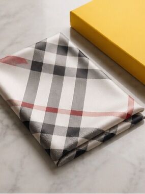 Authentic Burberry  Plaid Silk Pocket Square - White, Black & Red